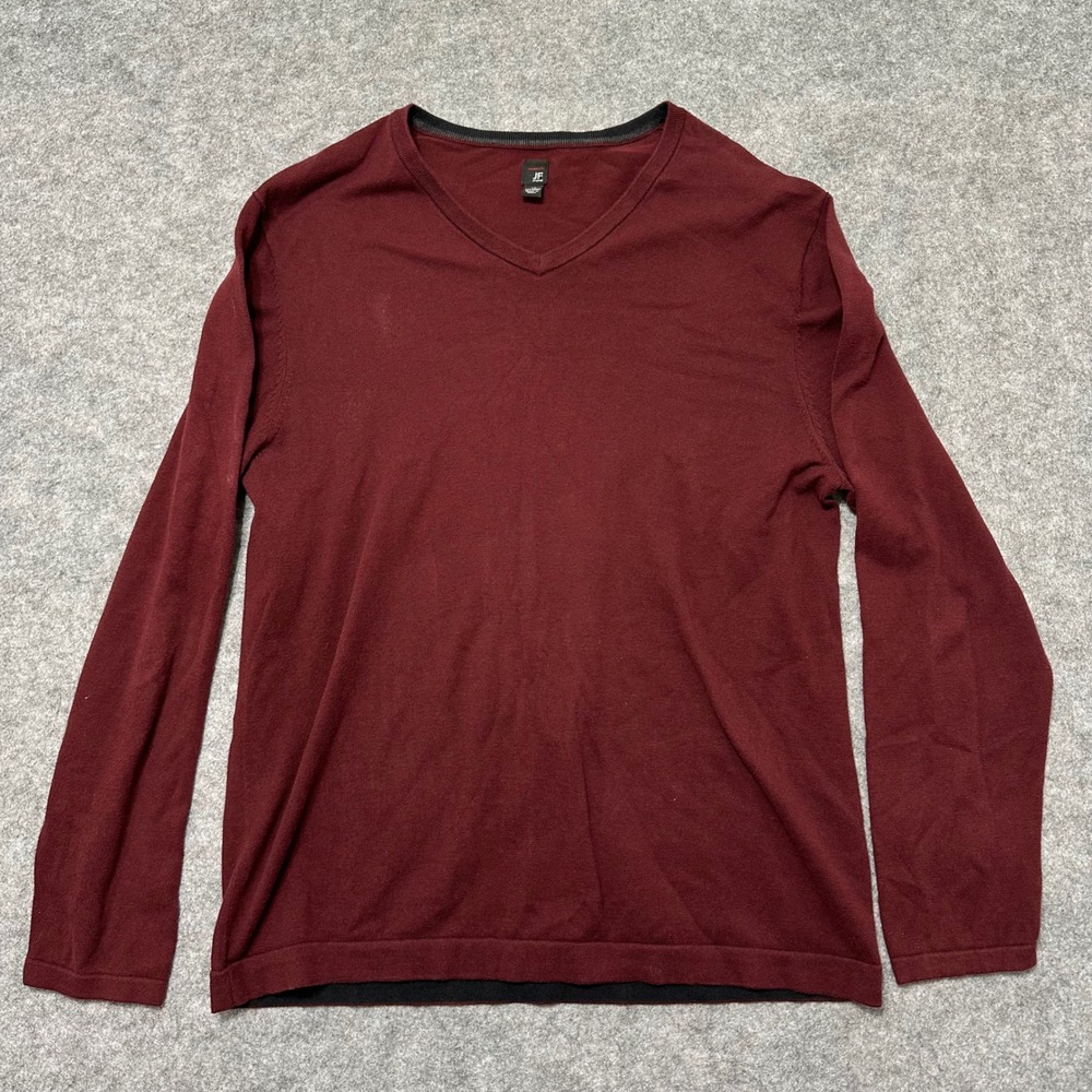 J.Ferrar V-Neck Sweater Mens Large Burgundy Modern Fit Cotton Blend Pullover
